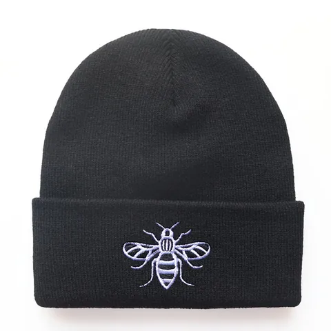 Bonnet en Tricot Unisexe Broderie Abeille 100% Acrylique Chaud Revers Hiver Cyclisme Sports Skull Cap Pour Adultes