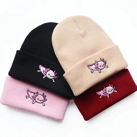Axolotl Embroidery Acrylic Knit Beanie For Men Women Cartoon Animal Winter Warm Outdoor Sports Cuffed Skull Cap