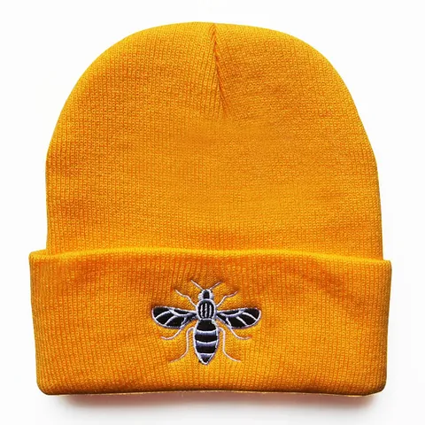 Bonnet en Tricot Unisexe Broderie Abeille 100% Acrylique Chaud Revers Hiver Cyclisme Sports Skull Cap Pour Adultes