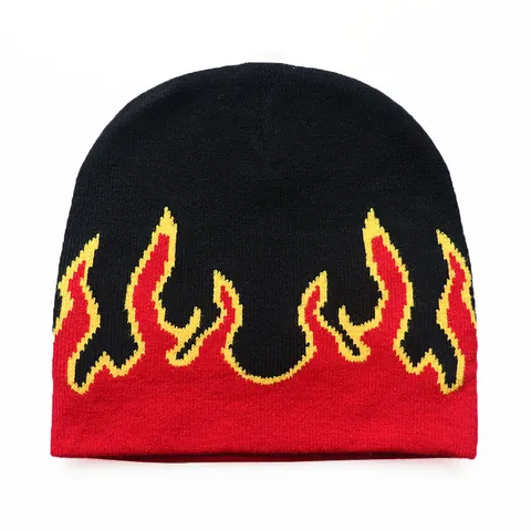 Casual Flammenmuster Strickmütze Für Damen Herren Winter Warm Polyacryl Elasthan Mütze Streetwear Jacquard Skull Cap