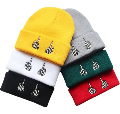 Unisex Hip Hop Beanie Strickmütze Mit Skelett Mittelfinger Stickerei Umschlag Winter Warm Streetwear Rebellischer Stil Mütze