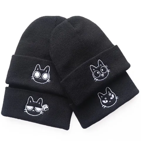 Unisex Cartoon Katze Ausdruck Stickerei Beanie Warme Acryl Strickmütze Hip Hop Streetwear Gerippter Rand Winter Skull Cap Erwachsene