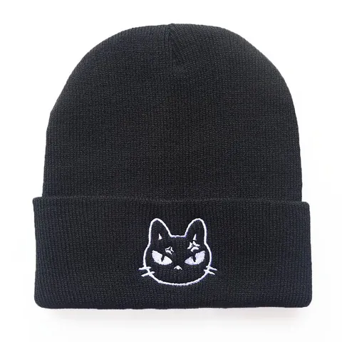 Unisex Cartoon Katze Ausdruck Stickerei Beanie Warme Acryl Strickmütze Hip Hop Streetwear Gerippter Rand Winter Skull Cap Erwachsene