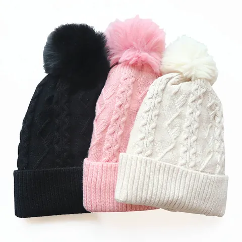 Damen Winter Strickmütze Mit Kunstpelz Bommel Vliesgefüttert Dicke Zopfmuster Warme Skimütze Erwachsene Outdoor Kappe