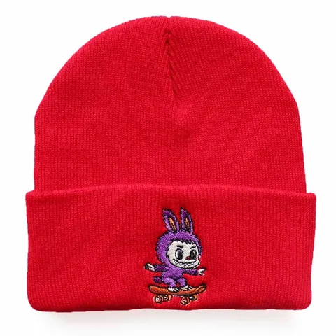 Cartoon Skateboard Rabbit Embroidery Acrylic Knitted Beanie Hat Warm Winter Windproof Outdoor Cuffed Beanie For Men Women Adults