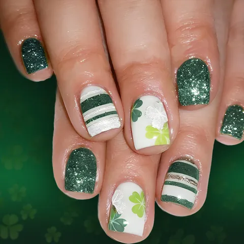 St. Patricks Day Green Shamrock Clover Press On Nails Short Square Glitter Stripe Pattern ABS Plastic Nails For Women