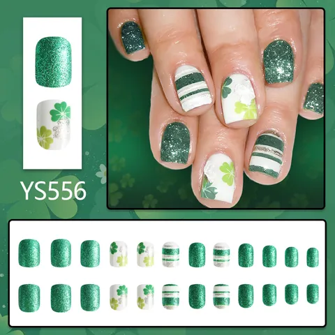 St. Patricks Day Green Shamrock Clover Press On Nails Short Square Glitter Stripe Pattern ABS Plastic Nails For Women