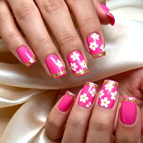 Unghie a Pressione Rosa Floreale con Bordo Dorato Francese Unghie Finte Rimovibili in Stile Semplice e Dolce per Donna