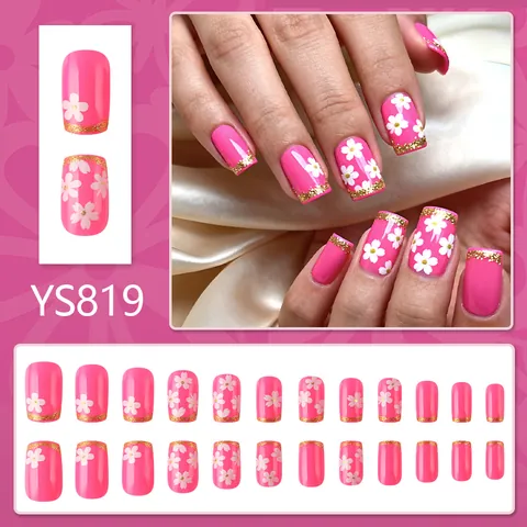 Unghie a Pressione Rosa Floreale con Bordo Dorato Francese Unghie Finte Rimovibili in Stile Semplice e Dolce per Donna