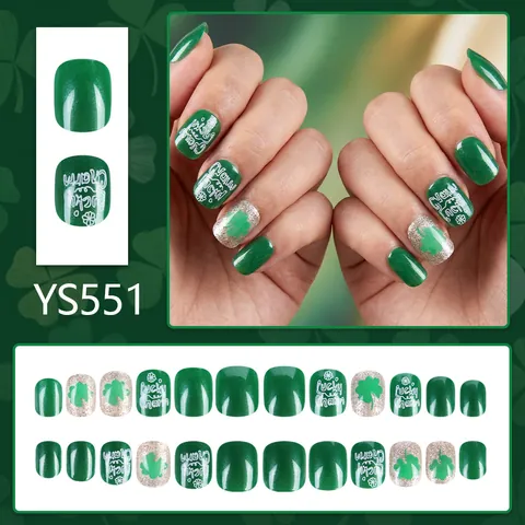 St. Patrick's Day Kunstnägel Kurz Quadratisch Glücksbringer Kleeblatt Grün Silber Glitzer Falsche Nägel Für Damen Zubehör