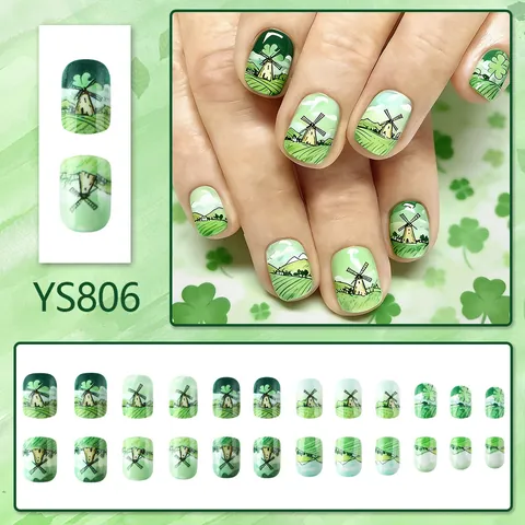 St Patrick's Day Green Clover Windmill Landscape Press On Nails Short Square Hand Painted Reusable False Nails For Women