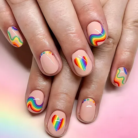 Unghie Finte a Pressione Corte Quadrate a Strisce Arcobaleno con Cuore Stile Dopamina Lucide Riutilizzabili per Donna