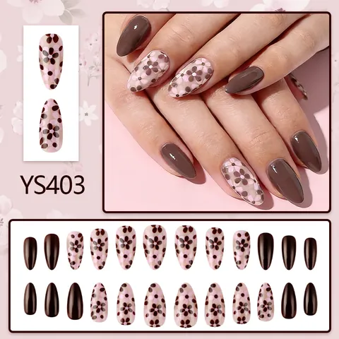 Unghie Finte a Pressione Corte a Mandorla Lucide Vintage Rosa Marrone Motivo Floreale per Donna Manicure Quotidiana Decorativa