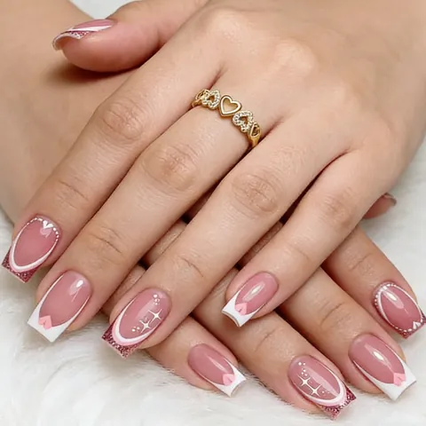 Faux Ongles à Presser Style Français Motif Cœur Rose Blanc Paillettes Étoile Forme Carrée pour Femmes Cadeau Saint Valentin