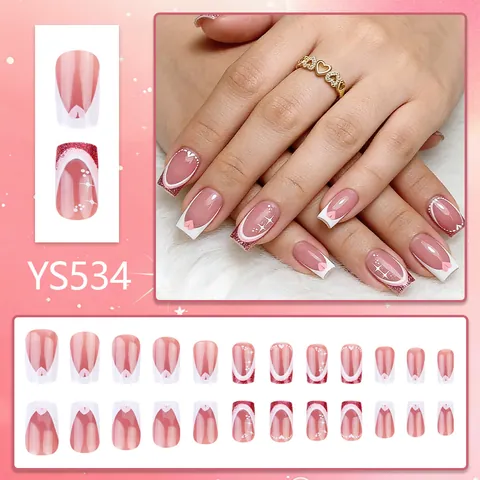 Faux Ongles à Presser Style Français Motif Cœur Rose Blanc Paillettes Étoile Forme Carrée pour Femmes Cadeau Saint Valentin