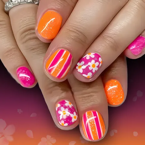 Uñas Postizas Cortas Ovaladas Verano Margarita Floral Rayas Multicolor Purpurina Brillante Uñas Falsas Multisize Para Mujer Manicura Decorativa