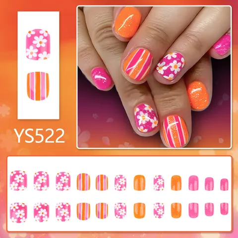 Uñas Postizas Cortas Ovaladas Verano Margarita Floral Rayas Multicolor Purpurina Brillante Uñas Falsas Multisize Para Mujer Manicura Decorativa