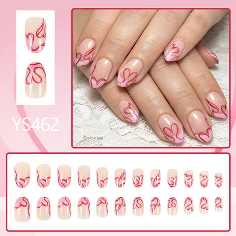 Unghie Finte a Mandorla Corte Rosa Francese con Cuore Lucide Decorate con Linee d'Amore Unghie Artificiali per Donna Regalo di San Valentino
