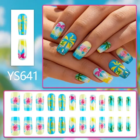 24 Pcs Tropical Coconut Tree Flower Design Press On Nails Long Square Round Glossy Fake Nails Summer Beach Style Women Manicure Tips