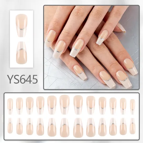 Lange Coffin Press On Nägel Französischer Stil Nude Pink Weiße Spitze Mit Silbernen Glitzerlinien Elegante Kunstnägel Set Für Damen