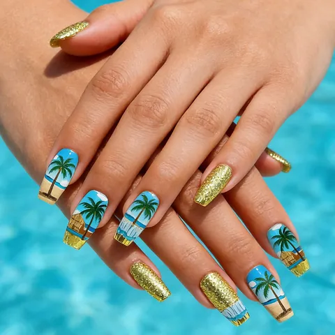 Cocotier Tropical Press On Nails Paillettes Dorées Y2K Été Plage Coffin Faux Ongles Pour Femmes Vacances Décoration Ongles