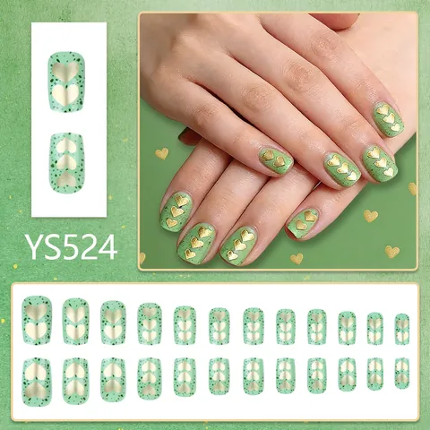 Valentine's Day Avocado Green Press On Nails Gold Heart European Square Glossy Artificial Fake Nails Women Dating Party