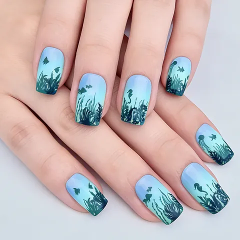 Blue Green Gradient Press On Nails Ocean Life Silhouette Seaweed Seahorse Short Square Style ABS Resin Artificial Nails