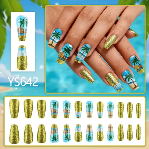 Cocotier Tropical Press On Nails Paillettes Dorées Y2K Été Plage Coffin Faux Ongles Pour Femmes Vacances Décoration Ongles