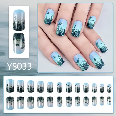 Blue Green Gradient Press On Nails Ocean Life Silhouette Seaweed Seahorse Short Square Style ABS Resin Artificial Nails