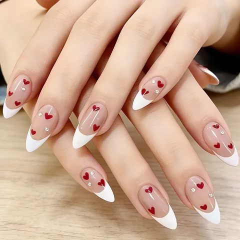 Unghie Finte a Pressione Mandorla Francese Punta Bianca Stampa Cuore Rosso Strass Unghie Artificiali per Donna San Valentino