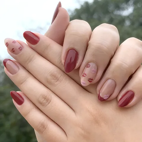 Almond Shape Press On Nails Glossy Red Pink Lip Pattern French Tip False Nails For Valentine's Day Date Women Manicure
