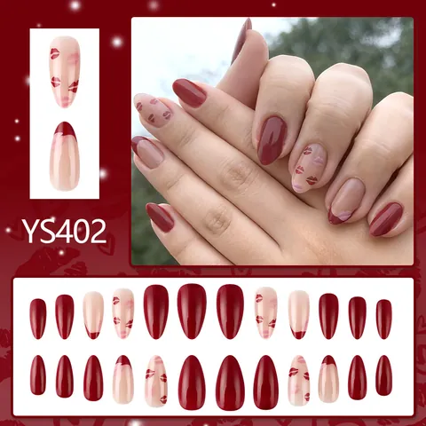 Almond Shape Press On Nails Glossy Red Pink Lip Pattern French Tip False Nails For Valentine's Day Date Women Manicure