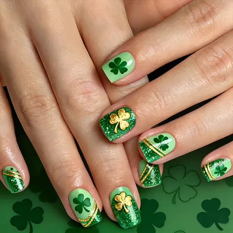 St Patrick's Day Press On Nails Green Gold Shamrock Pattern Short Square Artificial Nails With Adhesive For Women Party