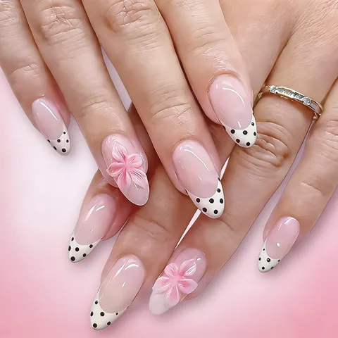 Pink French Press On Nails With 3D Embossed Flower And Black Polka Dot Almond Shape Glossy Fake Nails For Women Jewelry