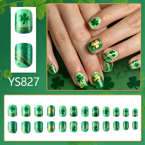 St Patrick's Day Press On Nails Green Gold Shamrock Pattern Short Square Artificial Nails With Adhesive For Women Party