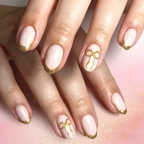 Uñas Postizas a Presión Estilo Francés Cortas Redondas Rosa Nude Punta Dorada Con Lazo en Relieve 3D para Mujer