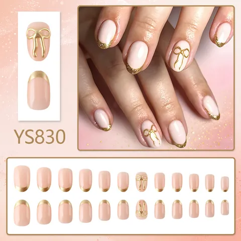 Uñas Postizas a Presión Estilo Francés Cortas Redondas Rosa Nude Punta Dorada Con Lazo en Relieve 3D para Mujer
