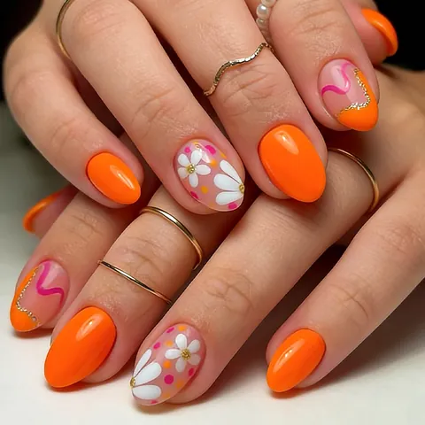 Short Oval Orange Pink Glossy Press On Nails White Daisy Floral Glitter Wave Pattern Fake Nails For Women Daily Manicure