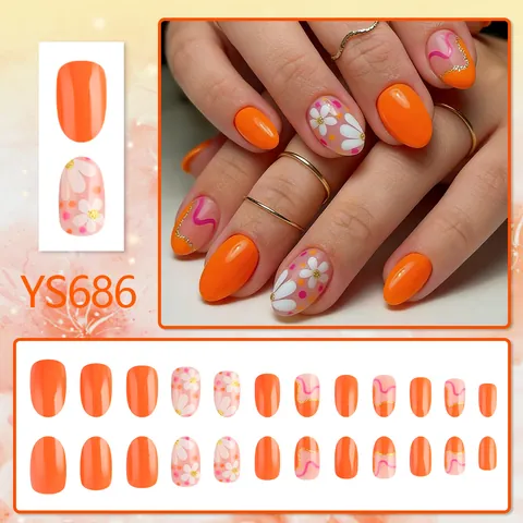 Short Oval Orange Pink Glossy Press On Nails White Daisy Floral Glitter Wave Pattern Fake Nails For Women Daily Manicure