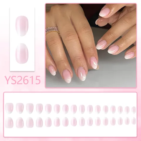 Unghie Finte a Pressione French Ombre Sfumatura Rosa Bianco Lucide Ovali Corte Decorazione Manicure Donna Kit Nail Art