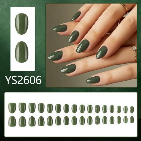 Unghie Finte Verde Scuro Tinta Unita Forma Ovale Corta Unghie Artificiali Lucide Set per Donna Quotidiano Festa Manicure Decorazione