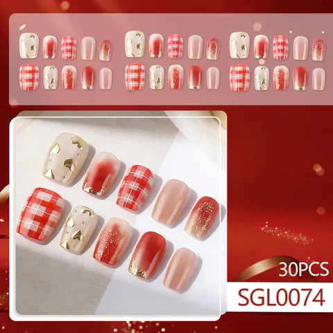 Unghie Finte a Pressione Quadrato Corto Cuore Oro Trama a Quadri Doratura 3D Stile Francese Occhio di Gatto Donna