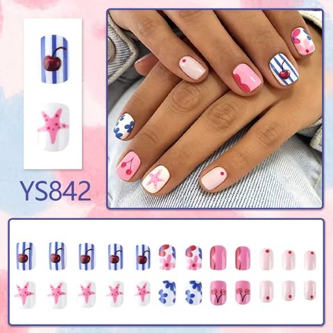 Uñas Postizas Cuadradas Cortas Rosas Brillantes Patrón Cereza Flor Estrella de Mar Rayas Dulce Moda Decorativas Uñas a Presión