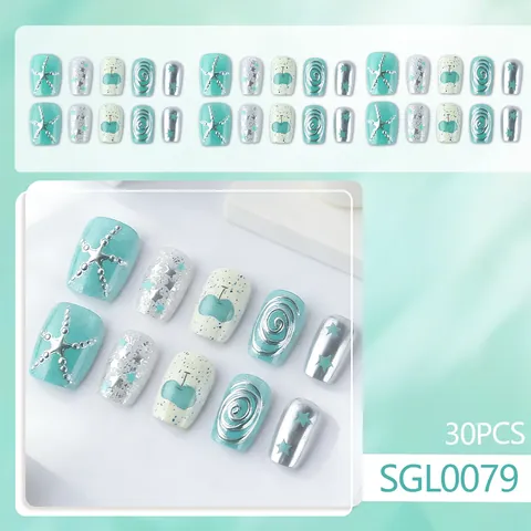 Faux Ongles à Presser Vert Menthe Carré Court Design 3D Étoile de Mer Argent Pomme Brillant pour Femme Décoration Quotidienne