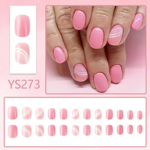 Glossy Pink White Oblique Stripe Press On Nails Short Square Artificial Fake Nails For Women Daily Decorative Manicure
