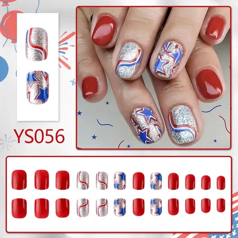 Faux Ongles à Presser Jour de l'Indépendance Court Carré Européen Brillant Motivo Étoiles et Rayures Design Drapeau USA