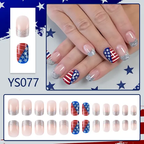 Unghie a Pressione Ovali Corte Motivo Stelle e Strisce Glitter Argento Punta Francese Stile Bandiera Americana Unghie Finte Donna