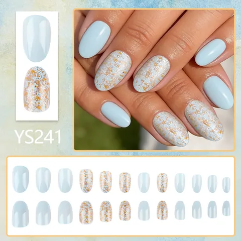 Lichtblauw Ovaal Press On Nagels Set Met Goudfolie Glitters Franse Stijl Glanzende Kunstnagels Voor Vrouwen Manicure Decor
