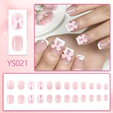 Unghie Finte a Pressione Rosa French con Fiocco Corte Quadrate Lucide Dolci Fiocchi 3D Unghie Artificiali per Donna Ragazza
