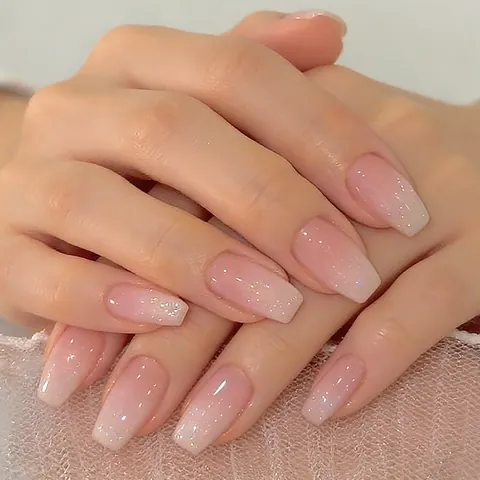 24 Pezzi Unghie Finte da Applicare Sfumatura Rosa Francese Lunga Forma a Bara Con Brillantini Argento Ombre per Donna